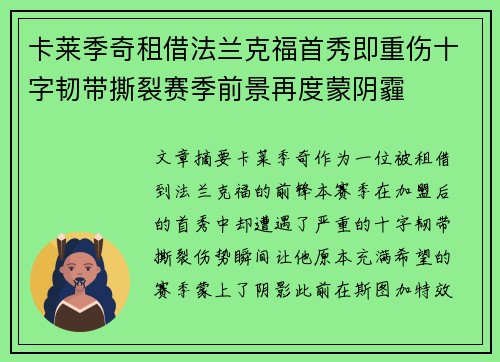 卡莱季奇租借法兰克福首秀即重伤十字韧带撕裂赛季前景再度蒙阴霾