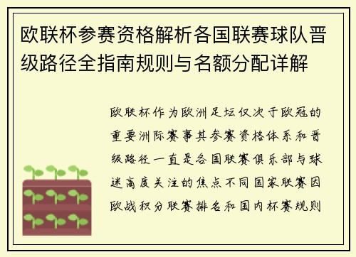 欧联杯参赛资格解析各国联赛球队晋级路径全指南规则与名额分配详解